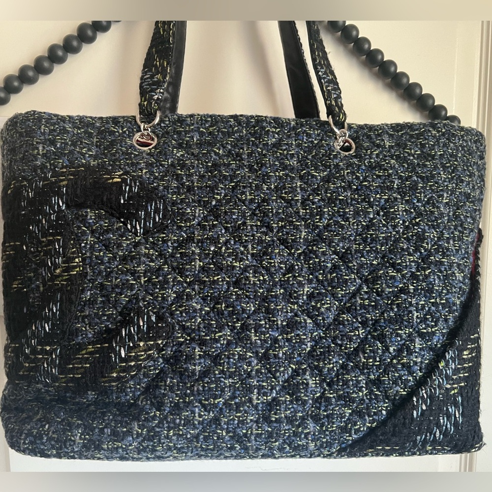 CHANEL Tweed Cambon Ligne Blue Tote Bag Hot Pink CC Lining Vintage Purse Karl